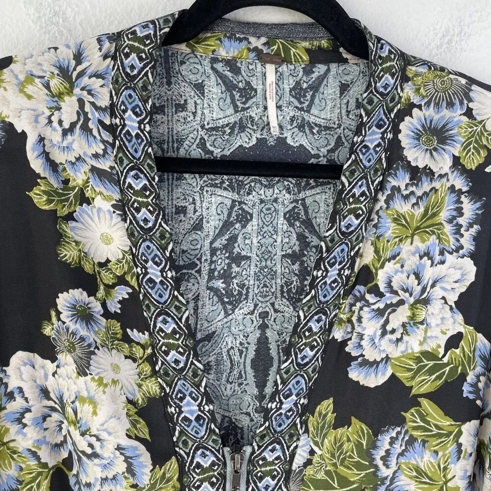 Free People Jacket Womens Medium Large Black Blue Floral Boho Kimono Pockets Zip